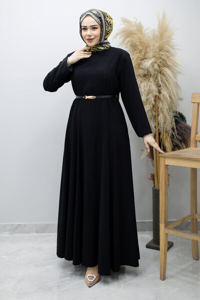 Tesettür Dünyası Φόρεμα με γιακά και ζώνη Pensli Hakim TSD260184 Μαύρο