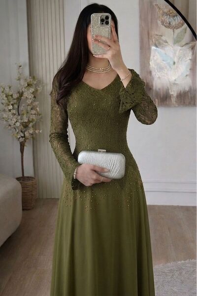 BROOKLYN STYLE Lace Evening Gown Maxi Dress with Shiny Stones