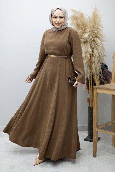 Tesettür Dünyası Φόρεμα με γιακά και ζώνη Pensli Hakim TSD260184 Καφέ