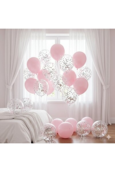 baloss fer Pembe Balon Seti 20’li Gümüş Konfeti Şeffaf Balon Doğum Günü Parti...