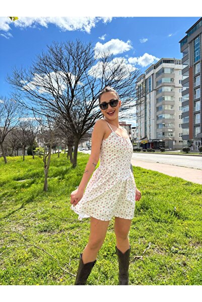 362 Fashion Butik Göğüs Büzgülü Kırmızı Çiçekli Mini Elbise