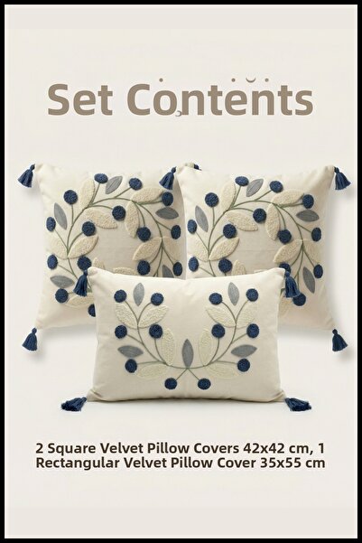 cottoncloth Papatya Punch Embroidered Decorative 2 Square 1 Rectangular Throw...