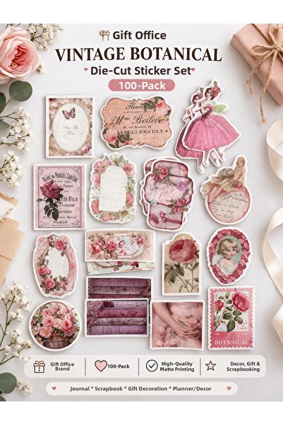hediyeofisi Σετ αυτοκόλλητων με θέμα Vintage Flowers-Old, Πακέτο 100 τεμαχίων...