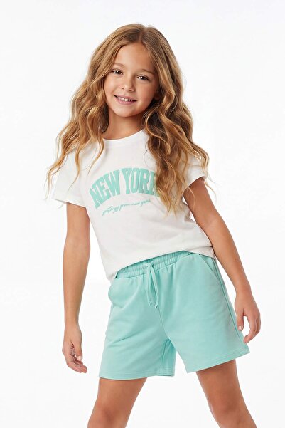 TRENDYOLKIDS Mint θηλυκό παιδί 100% βαμβακερό σύνθημα με στάμπα κοντομάνικο T...