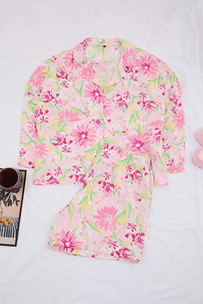 Trendyol Curve Σετ Πιτζάμες Μεγάλου Μεγέθους Ροζ Φλοράλ Βισκόζη TBBSS26AI00051