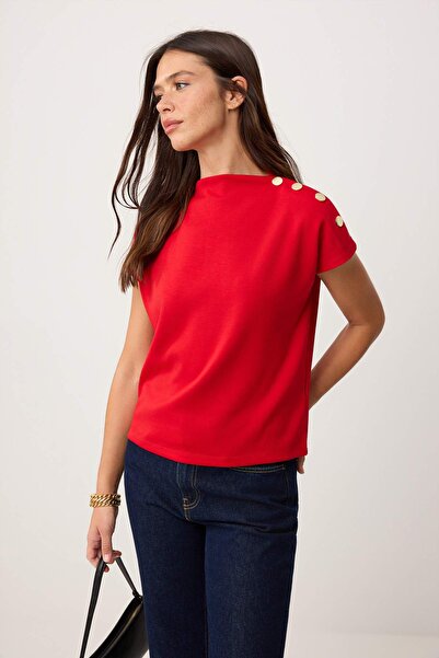 Συλλογή Trendyol Κόκκινη Πλεκτή Μπλούζα με Κανονική Εφαρμογή, Όρθιο Γιακά, Λε...