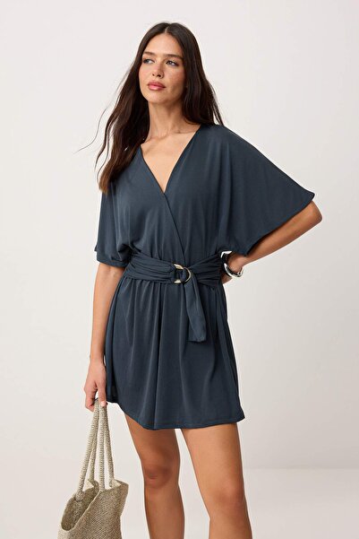 Συλλογή Trendyol Ανθρακί Κοντομάνικη Ζωνάτη Κοντή Ολόσωμη Φόρμα / Μίνι Πλεκτή...