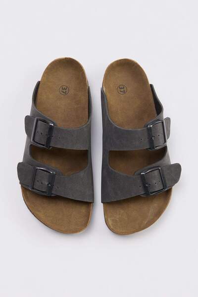 TRENDYOL SHOES Γκρι γυναικείες παντόφλες με διπλή πόρπη TAKSS24TE00004