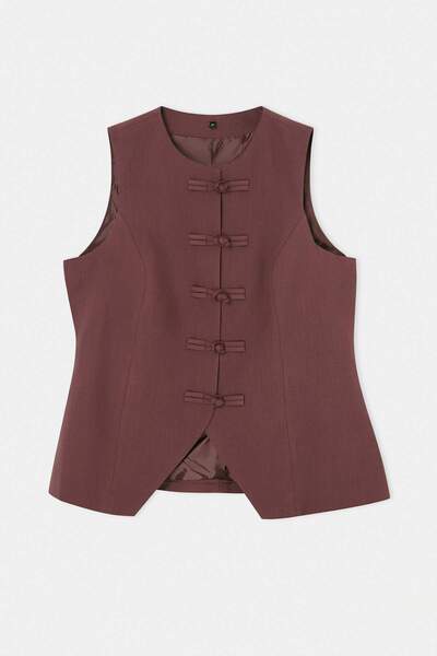 Trendyol Curve Καφέ κινέζικο με κουμπιά Μεγάλο μέγεθος Υφαντό Γιλέκο TBBSS26B...