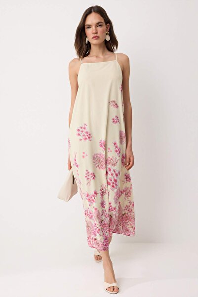 Συλλογή Trendyol Πολύχρωμο φλοράλ μάξι υφαντό φόρεμα TWOSS26EL00637