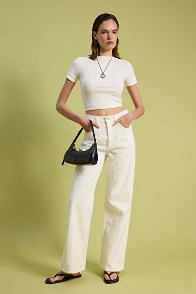 Συλλογή Trendyol Λευκό υφασμάτινο ύφασμα με υφή, ψηλόμεσο, 100% βαμβάκι, τζιν...