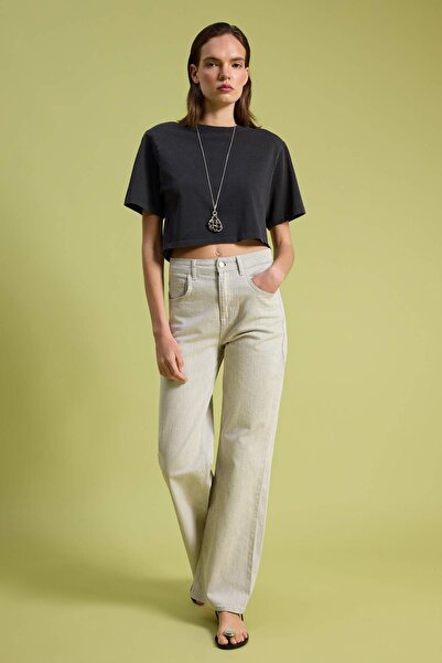 Trendyol Kollektion Ecru-Jeans mit hoher Taille und weitem Bein aus strukturi...