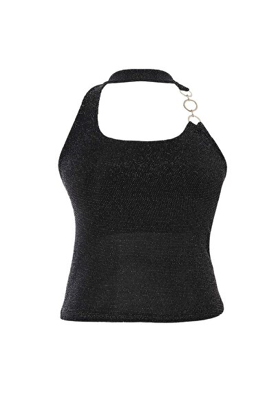 Trendyol Curve Μαύρη γυαλιστερή πλεκτή μπλούζα για πάρτι με τετράγωνο λαιμόκο...