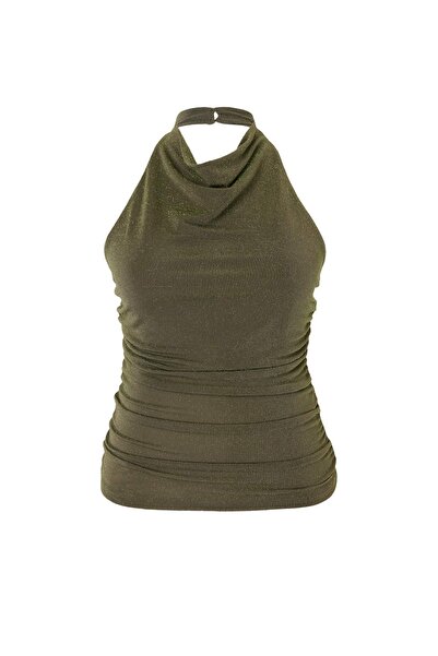 Trendyol Curve Χακί Πλεκτή Μπλούζα με Γκλίτερ και Δέσιμο στο Λαιμό σε Μεγάλο ...