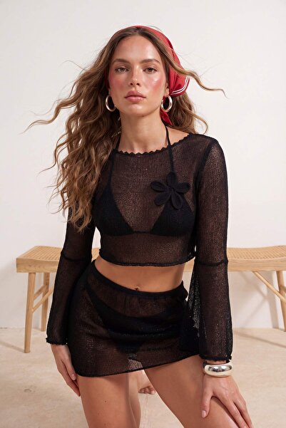 Συλλογή Trendyol Μαύρο πλεκτό σετ φούστας μπλούζας παραλίας με λουλουδάτες απ...