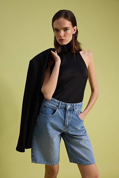 Συλλογή Trendyol Μπλε 100% βαμβακερό τζιν βερμούδα με ψηλή μέση TWOSS26SR00106