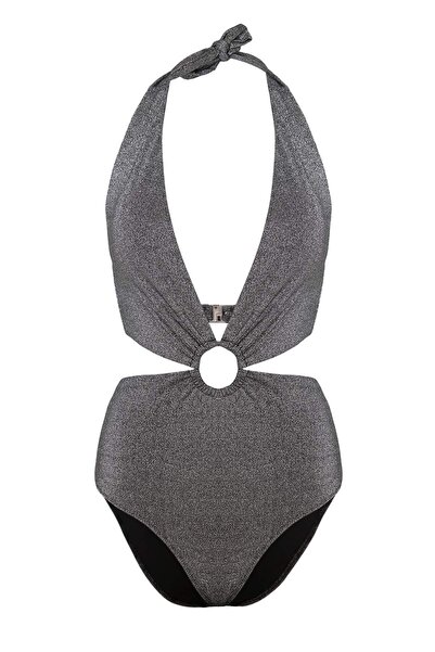 Trendyol Collection Black Deep V-Neck Cut Out Detailed Accessorized Glitter R...