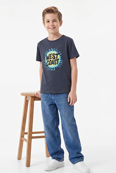 TRENDYOLKIDS Ανθρακί-Μπλε Πλεκτό T-Shirt με Σλόγκαν TKDSS25TS00016