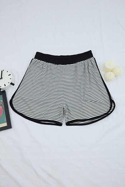 Trendyol Curve Μαύρο παντελόνι πιτζάμας Ριγέ με κορδόνια πλέξη ριμπ μεγάλου μ...