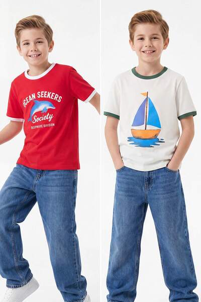 TRENDYOLKIDS Εκρού-Κόκκινο Απλό Πλεκτό Μπλουζάκι TKDSS26TS00017 23 Απριλίου