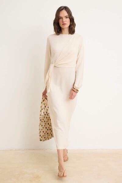 Trendyol Modest Εκρού φόρεμα Λινό με Υφαντό όψεις TCTSS25EB00129