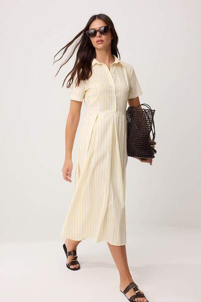 Συλλογή Trendyol Κίτρινη ριγέ φούστα με κουμπιά στη μέση και υφαντό μίντι φόρ...