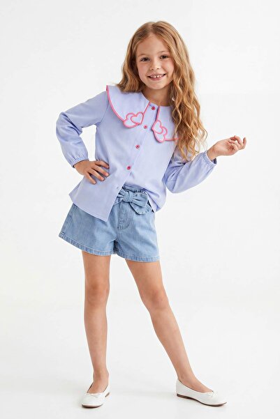 TRENDYOLKIDS Μπλε παιδικό πουκάμισο με μοτίβο καρδιάς, υφαντό, για κορίτσια, ...