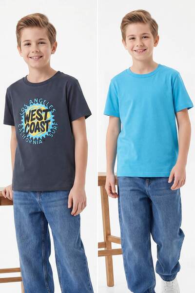 TRENDYOLKIDS Ανθρακί-Μπλε Πλεκτό T-Shirt με Σλόγκαν TKDSS25TS00016