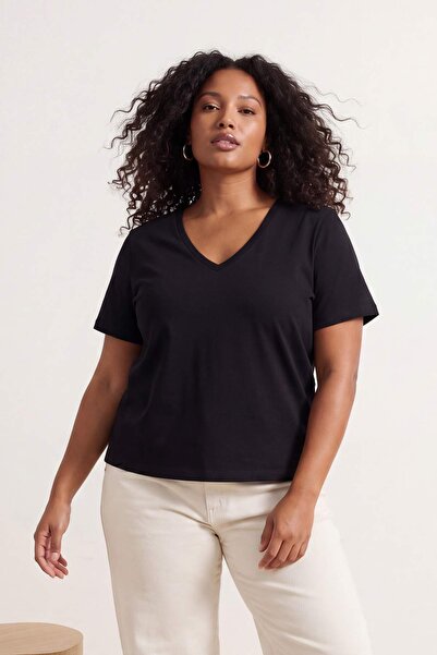 Trendyol Curve Μαύρο Πακέτο 2 τεμαχίων Basic V-Neck 100% Βαμβακερό Πλεκτό T-S...