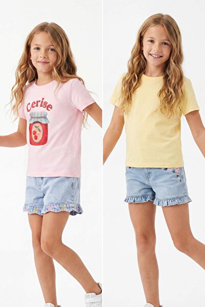 TRENDYOLKIDS Κίτρινο-ροζ 2-τεμάχιο πλεκτό μπλουζάκι για κορίτσια με τύπωμα TK...