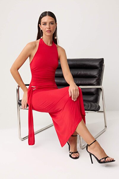 Συλλογή Trendyol Κόκκινο ίσιο υφαντό κοντό φόρεμα με άμμοστη υφή / Μίνι φόρεμ...