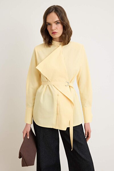 Trendyol Modest Κίτρινο πουκάμισο από βαμβάκι με λεπτομέρεια ζώνης στη μέση, ...