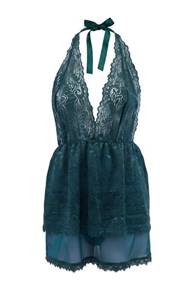 Συλλογή Trendyol Petrol Δαντέλα / Τούλι Boyundan Με δέσιμο Φανταχτερό Νυχτικό...