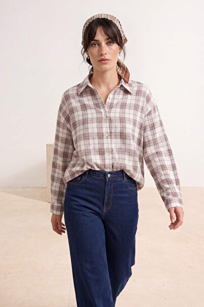 Trendyol Modest Καφέ καρό πουκάμισο oversized από 100% βαμβάκι TCTSS26TG00055