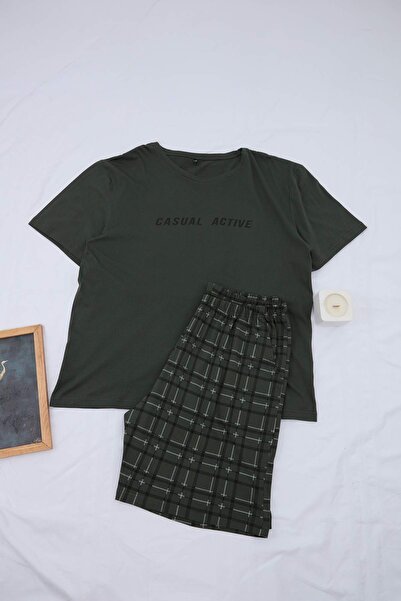 Trendyol Kollektion Große Größen Khaki Regular Plaid/Kariertes Baumwoll-Pyjam...