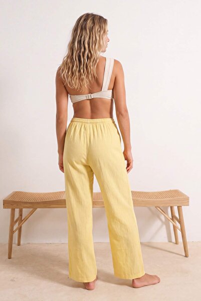 Συλλογή Trendyol Κίτρινο Υφαντό Μουσελίνα Κανονική Μέση 100% Βαμβάκι Παντελόν...