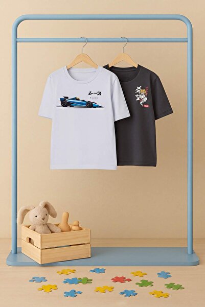 TRENDYOLKIDS Anthrazit-weißes 2er-Pack gestrickte T-Shirts mit Slogan TKDSS26...