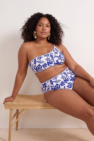 Trendyol Curve Μπλε τροπικό μοτίβο με κέντημα, μπλούζα μπικίνι με έναν ώμο σε...