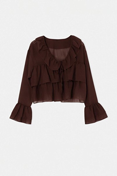 Drop by TrendyolMilla Smeđa široka kragna, nabrana providna bluza TDRSS26BZ00055