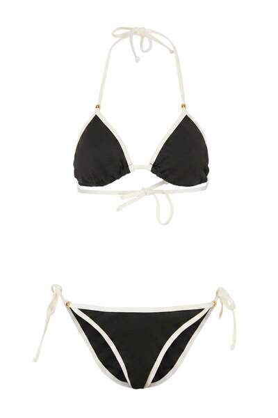 Συλλογή Trendyol Μαύρο σετ μπικίνι με υφή, τριγωνικό κορδόνι και κανονική μέσ...