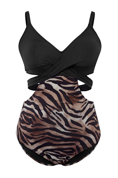 Trendyol Curve Μαγιό μεγάλου μεγέθους με σχέδιο ζέβρας, λεπτομέρεια cut-out κ...