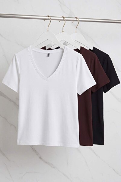 Trendyol Curve Μαύρο-Λευκό-Καφέ 3-τεμάχια Πακέτο Μπλουζάκια με κανονική εφαρμ...