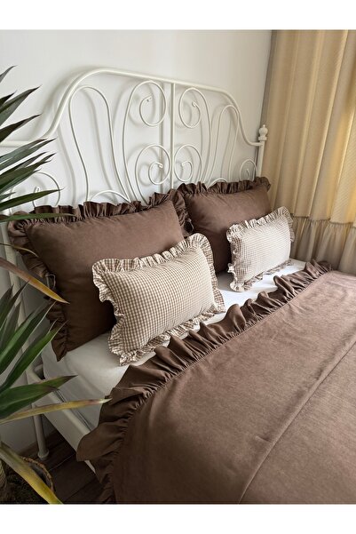 Decamor home Σετ κουβερλί με βολάν σε καφέ χρώμα, διπλό μέγεθος king size