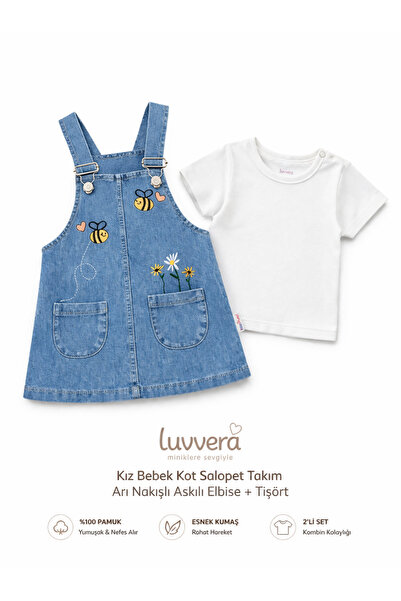 LUVVERA Kız Bebek Esnek Kot Elbise Takım Arılı Nakışlı Askılı Salopet & Tişör...