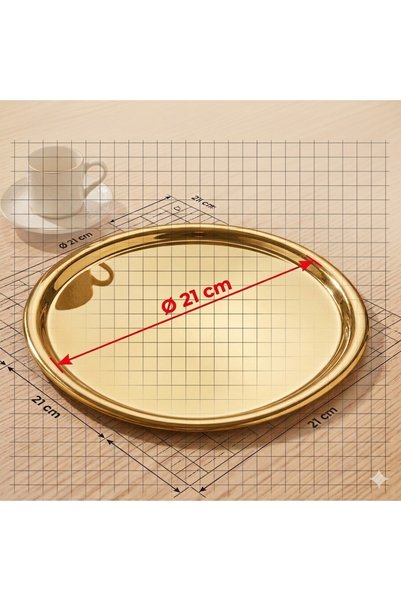 BİMOTE 6'lı Gold Paslanmaz Çelik 20 cm Yuvarlak Çay, Kahve, Pasta Servis Tepsisi Dekoratif Sunum Tepsisi