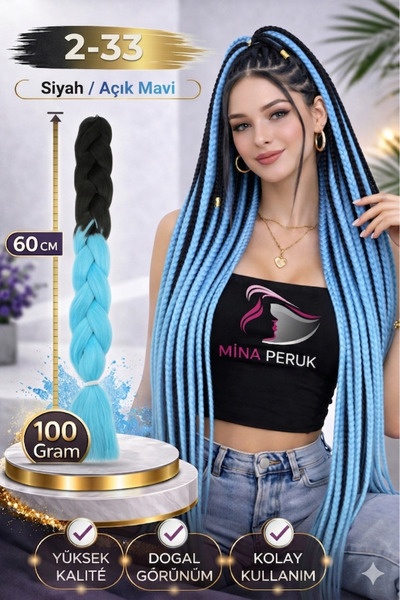 Mina Peruk Afrika Örgülük Sentetik Ombreli Saç 100 Gr. - Siyah / Açık Mavi