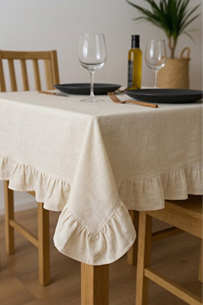 Soft Kare Λινό τραπεζομάντιλο με βολάν Κομψό διακοσμητικό τραπεζομάντιλο Μποέ...