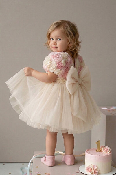 ALYRA Φόρεμα για κοριτσάκι με τουλίπες ροζ εκρού Πριγκίπισσα Μοντέλο 9-24 μην...