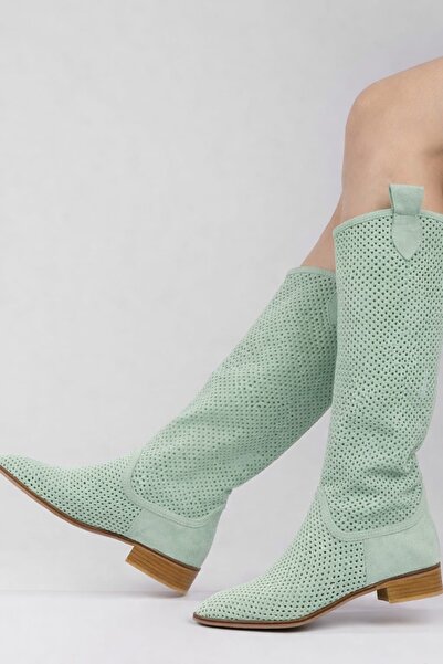 POTEEN Eliz Women's Short Heel Suede Laser Cut Perforated Summer Boots