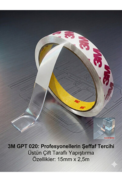 3M Gpt 020f Şeffaf Çift Taraflı İnce Bant 15mmx2.5mt Çift Taraflı Bant